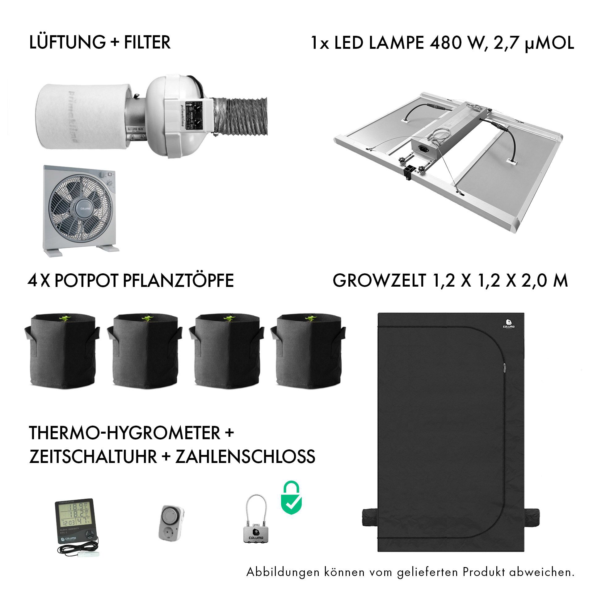 Growbox Komplettset 480W LED 120x120cm - Caluma Set - 4 Plants Plus Premium